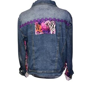 Upcycled Denim Jacket with Purple/Animal Print Embellishments